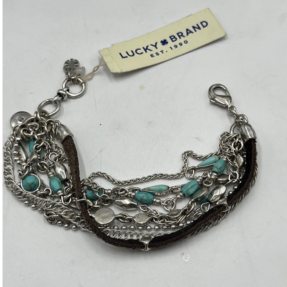 Lucky Brand MultiStrand Semi Precious Stone Chain Silver Tone Bracelet New Sz SM